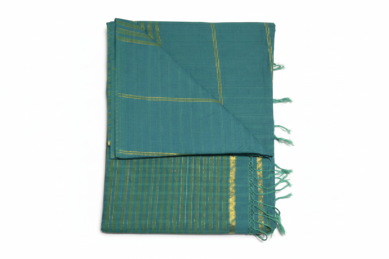Teal fabric with gold patterns and fringes on a white background