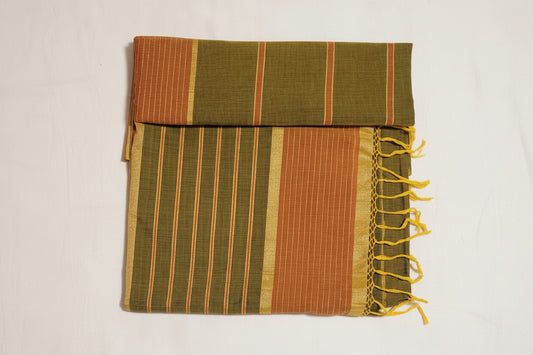 Striped saree with light green, orange, and yellow colors.